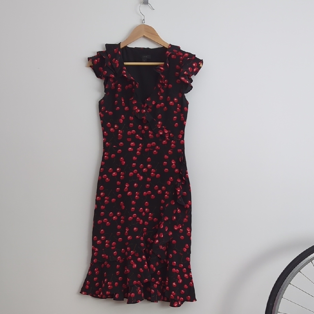 J. Crew Red and Black Ruffled Sheath Dress